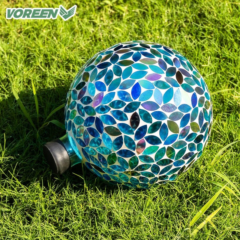VOREEN Mosaic Glass Gazing Ball, 10" Handmade Reflective Garden Globe, Outdoor Patio Lawn Yard Decor Sphere, Blue & Amber Colorful Design - Image 3